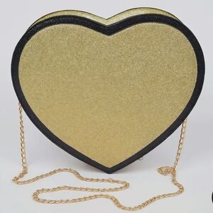 Gold Heart-Shaped Shoulder Bag with Black Trim